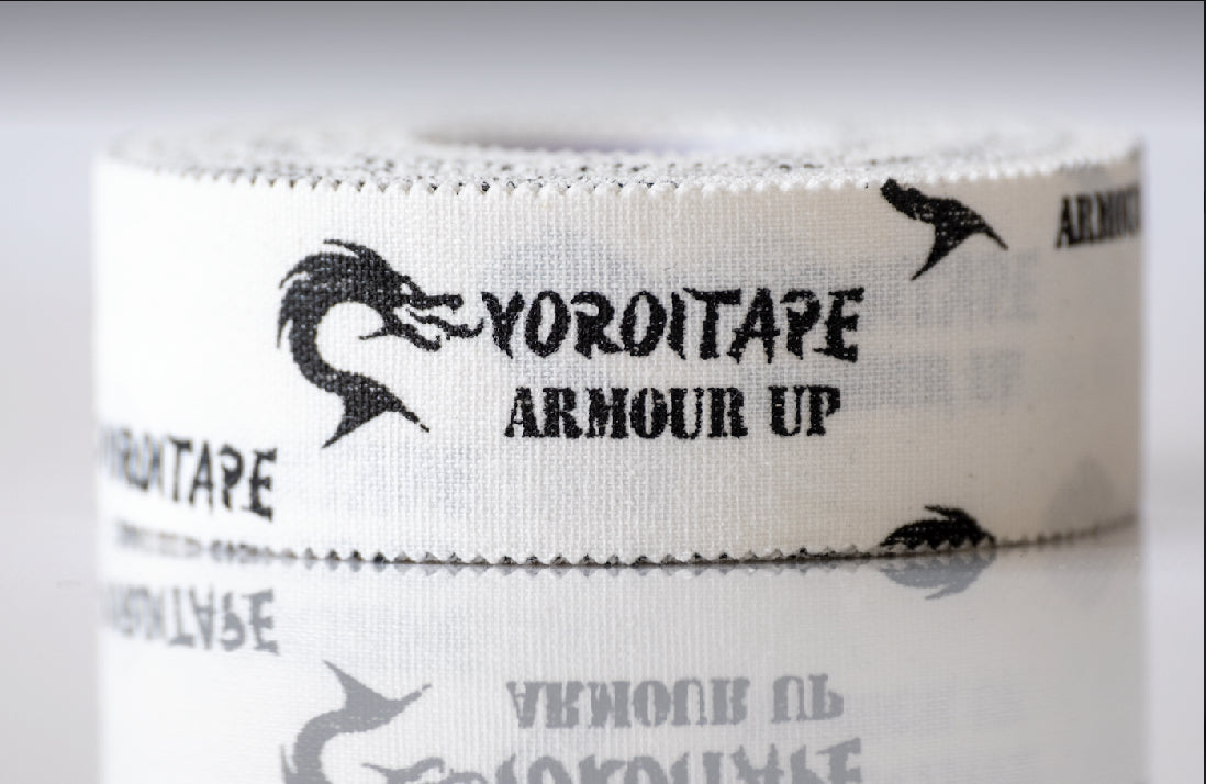Yoroi 30 fight deal with red & blue glove closure tape.